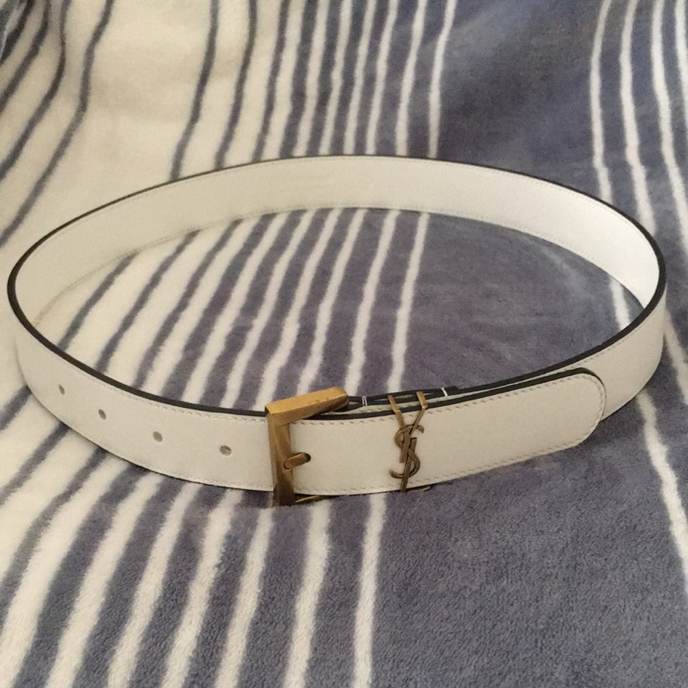 YSL white leather belt with bronzed gold hardware-